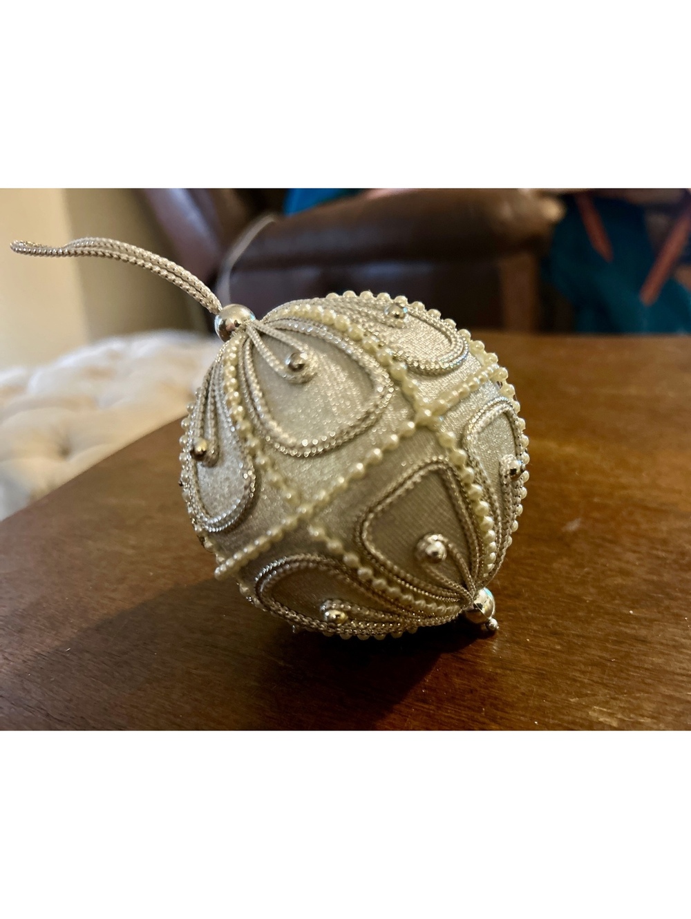 Vintage Style Silver and Pearl Beaded Christmas Ornament Ball